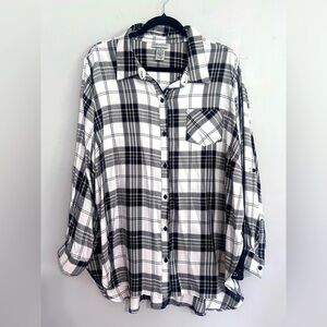Catherines Plaid Button Down Tunic Shirt Flip Cuffs Lace Accents Sz 1X Classic